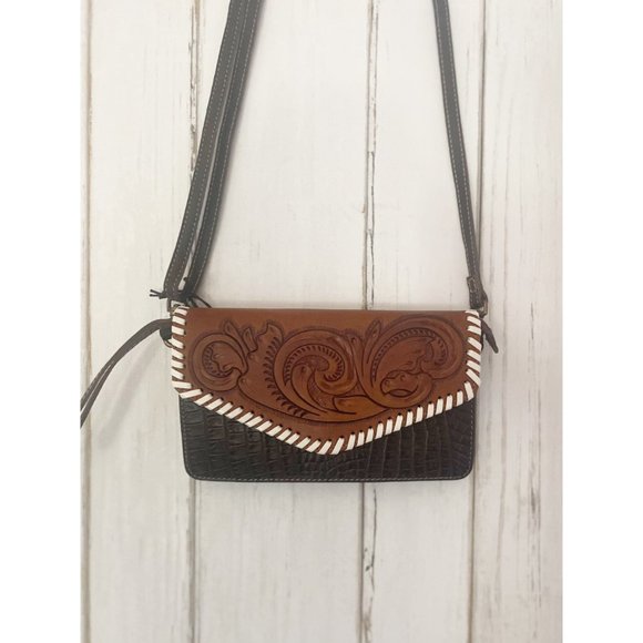 Myra Genuine Leather Hand Tooled Crossbody Wallet - Picture 1 of 10